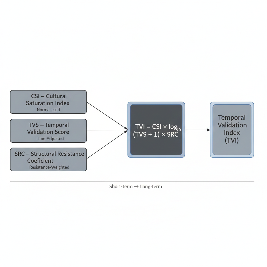 Diagram showing the TVI (Temporal Validation Index) methodology. Three inputs—Cultural Saturation Index (CSI), Temporal Validation Score (TVS), and Structural Resistance Coefficient (SRC)—flow into a central formula, TVI = CSI × log10(TVS + 1) × SRC, producing the Temporal Validation Index as output along a short-term to long-term timeline.